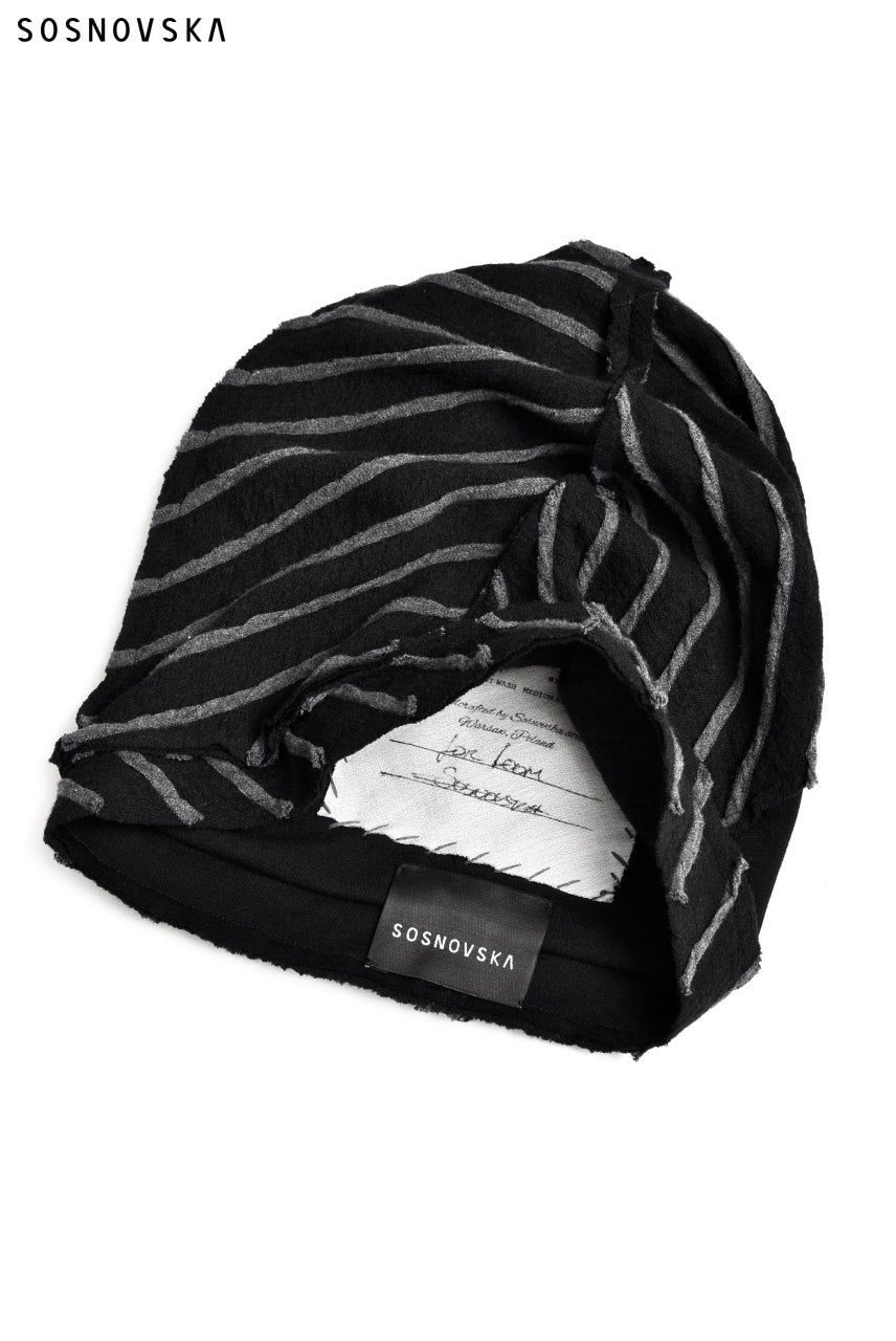 Load image into Gallery viewer, SOSNOVSKA DECONSTRUCTION DIAGONAL STRIPE KNITCAP (BLACK STRIPE)