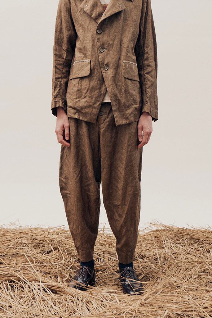 YUTA MATSUOKA 2 tucks wide trousers / sulfur dyed canvas linen (brown)