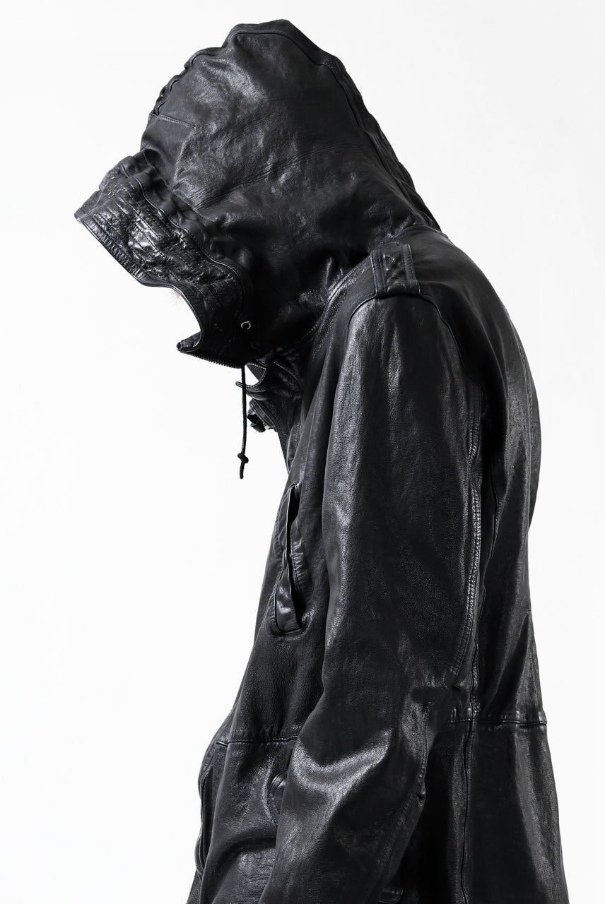 Load image into Gallery viewer, ISAMU KATAYAMA BACKLASH MODS COAT / GOAT LEATHER (GARMENT + SPRAY DYED BLACK)