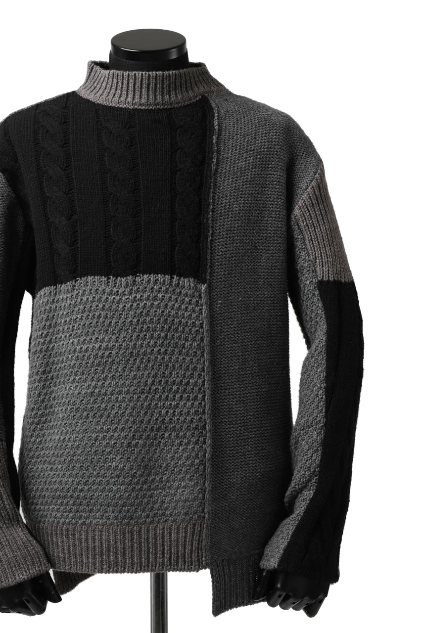 ISAMU KATAYAMA BACKLASH MOCK NECK PATCHWORK KNIT PULLOVER / ALPACA WOOL (GREY)