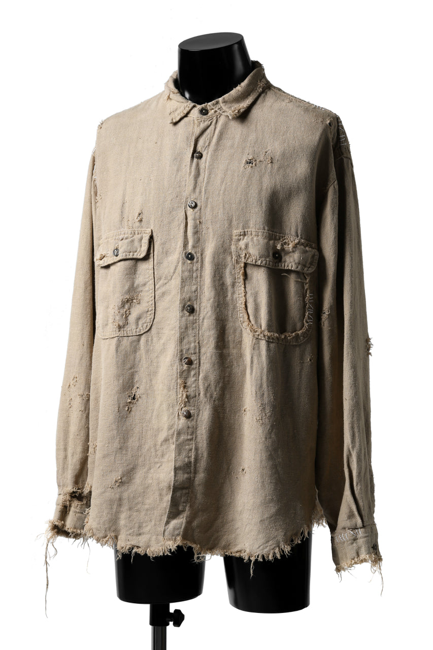 RESURRECTION HANDMADE vintage damage linen work shirt (SAND BEIGE)