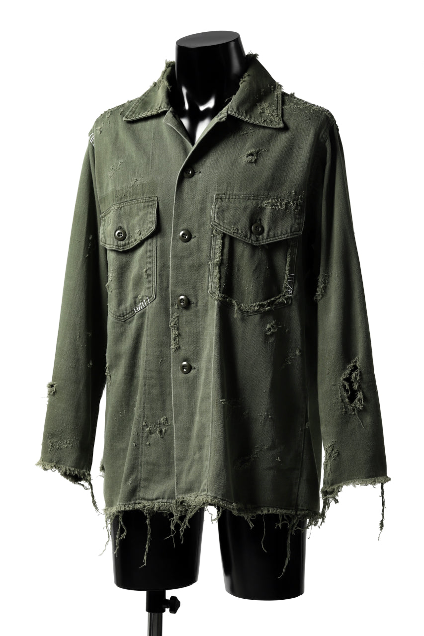 RESURRECTION HANDMADE vintage damage military work shirt (KHAKI GREEN)