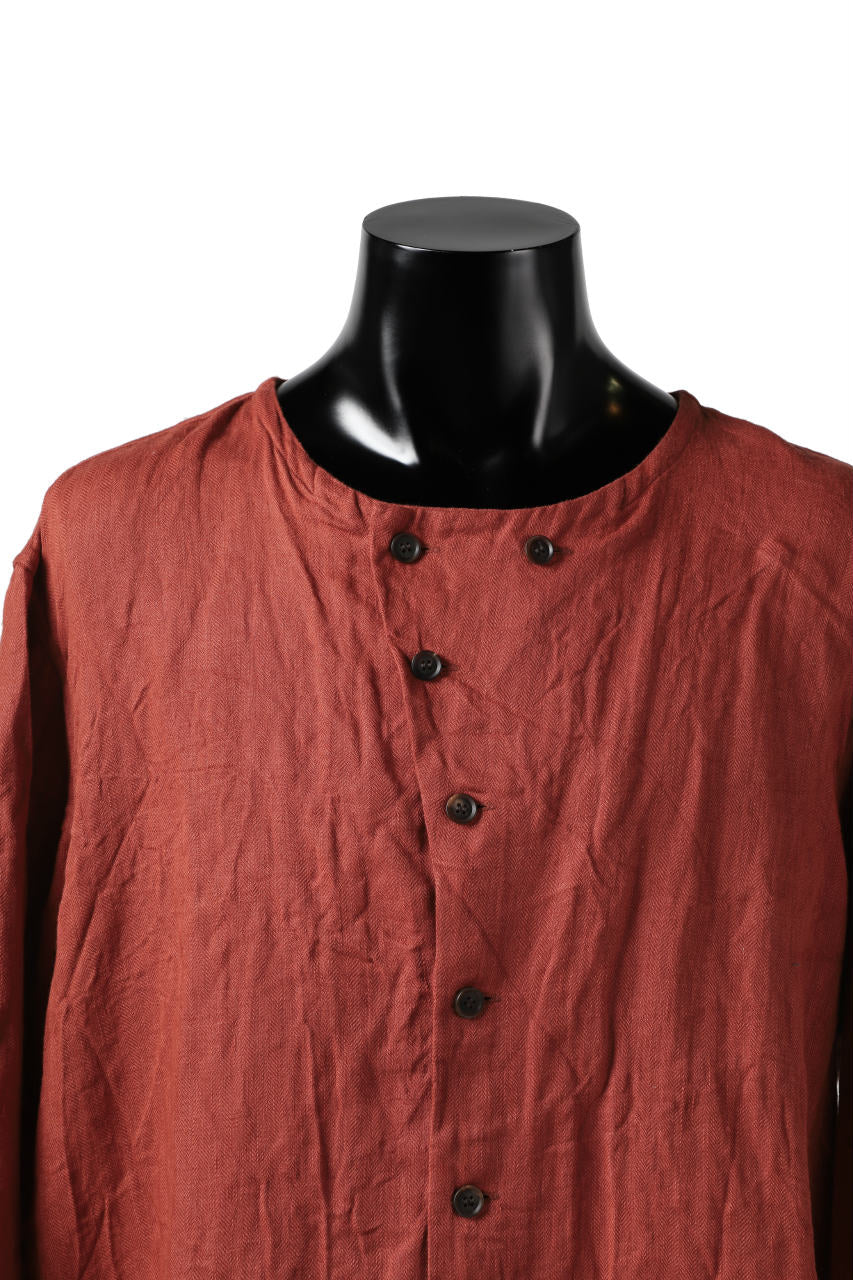 YUTA MATSUOKA round neck fly front shirts / sulfur dyed washer linen (red)