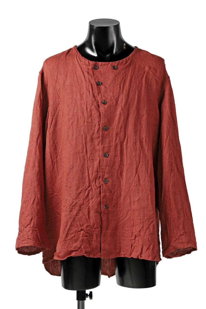 YUTA MATSUOKA round neck fly front shirts / sulfur dyed washer linen (red) YUTA MATSUOKA round neck fly front shirts / sulfur dyed washer linen (red)