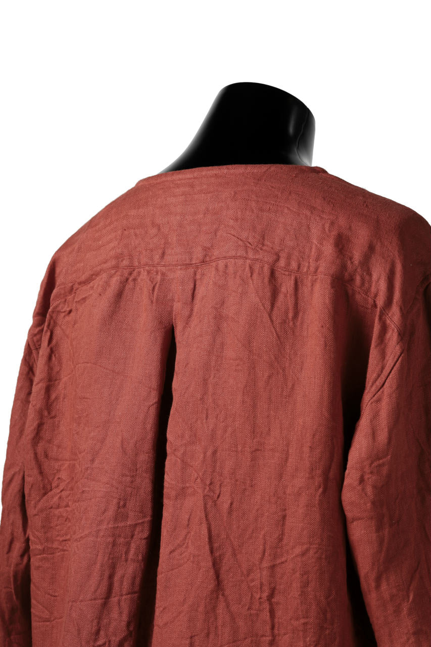 YUTA MATSUOKA round neck fly front shirts / sulfur dyed washer linen (red)