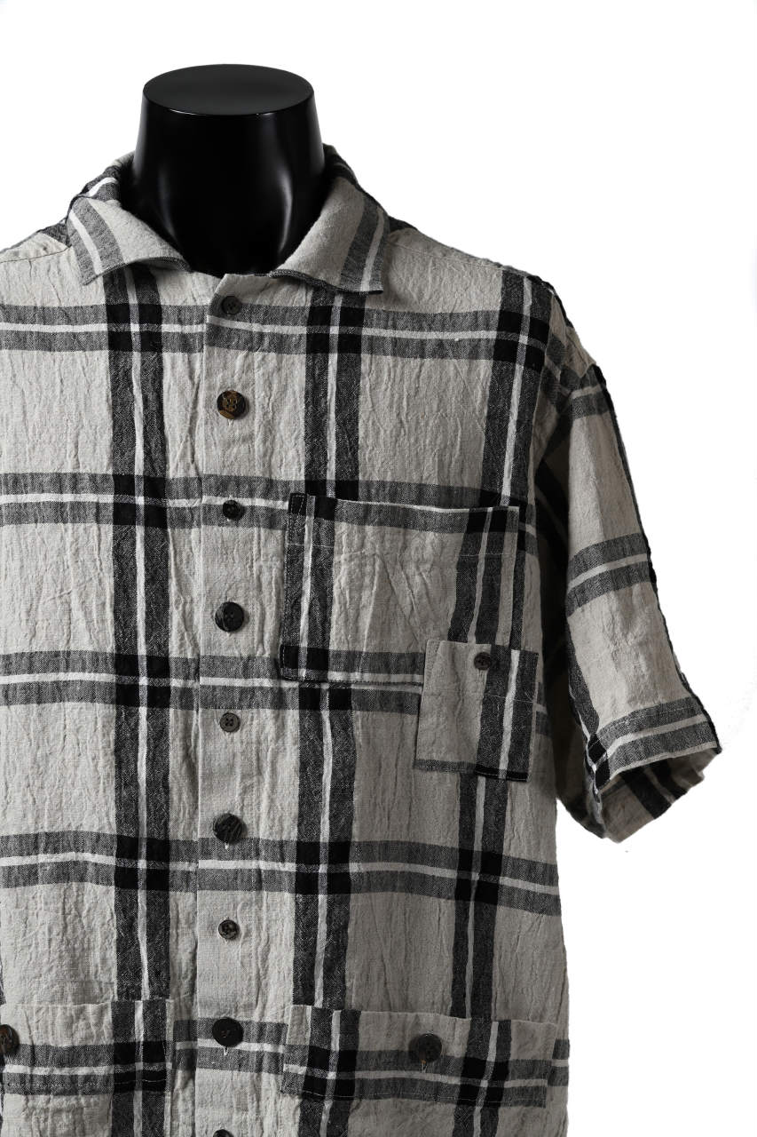 _vital short sleeve coverall shirt / linen-plaid (BLACK x BEIGE)