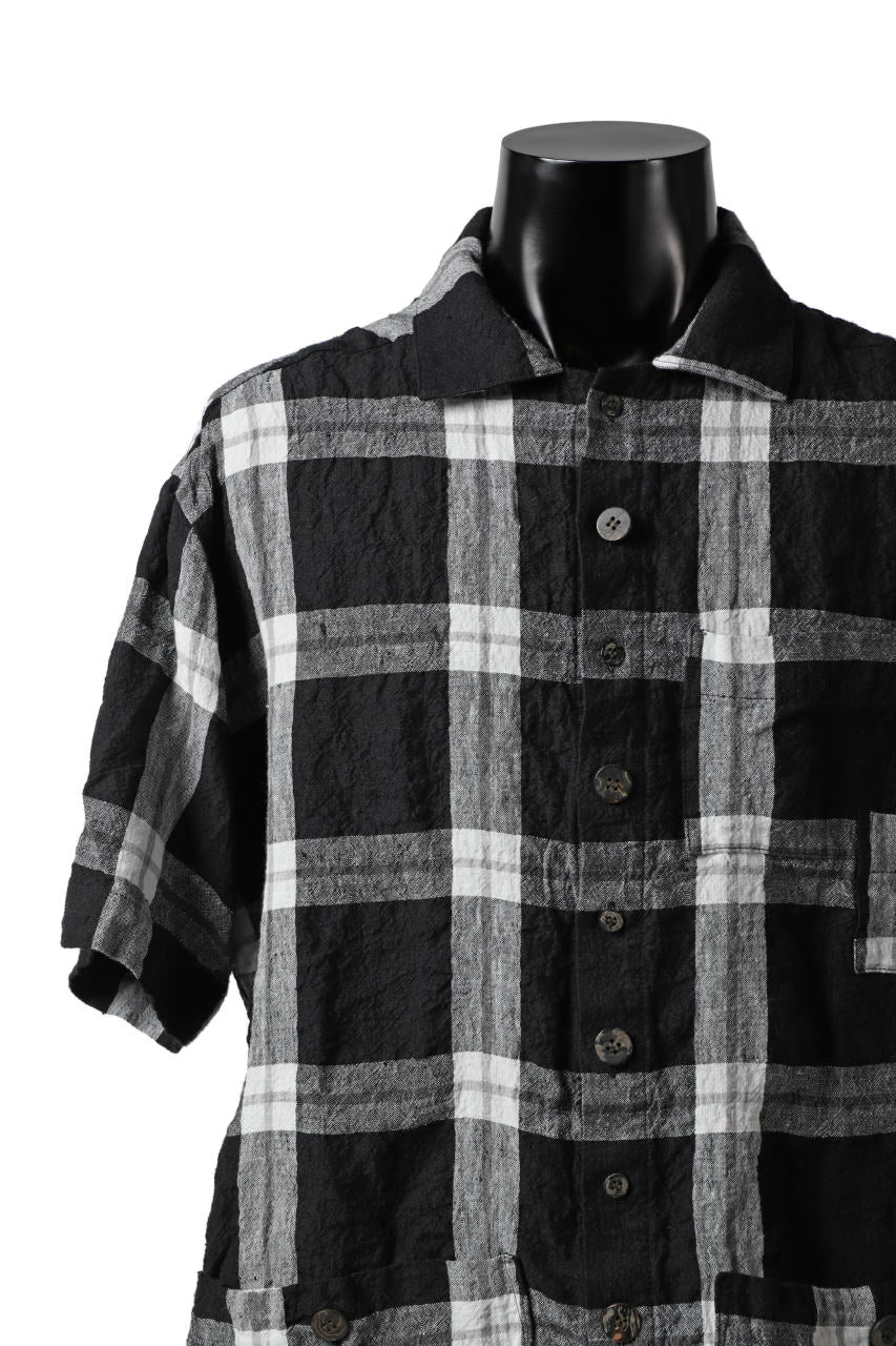 _vital pocket half sleeve shirt / linen-plaid (BLACK x WHITE)