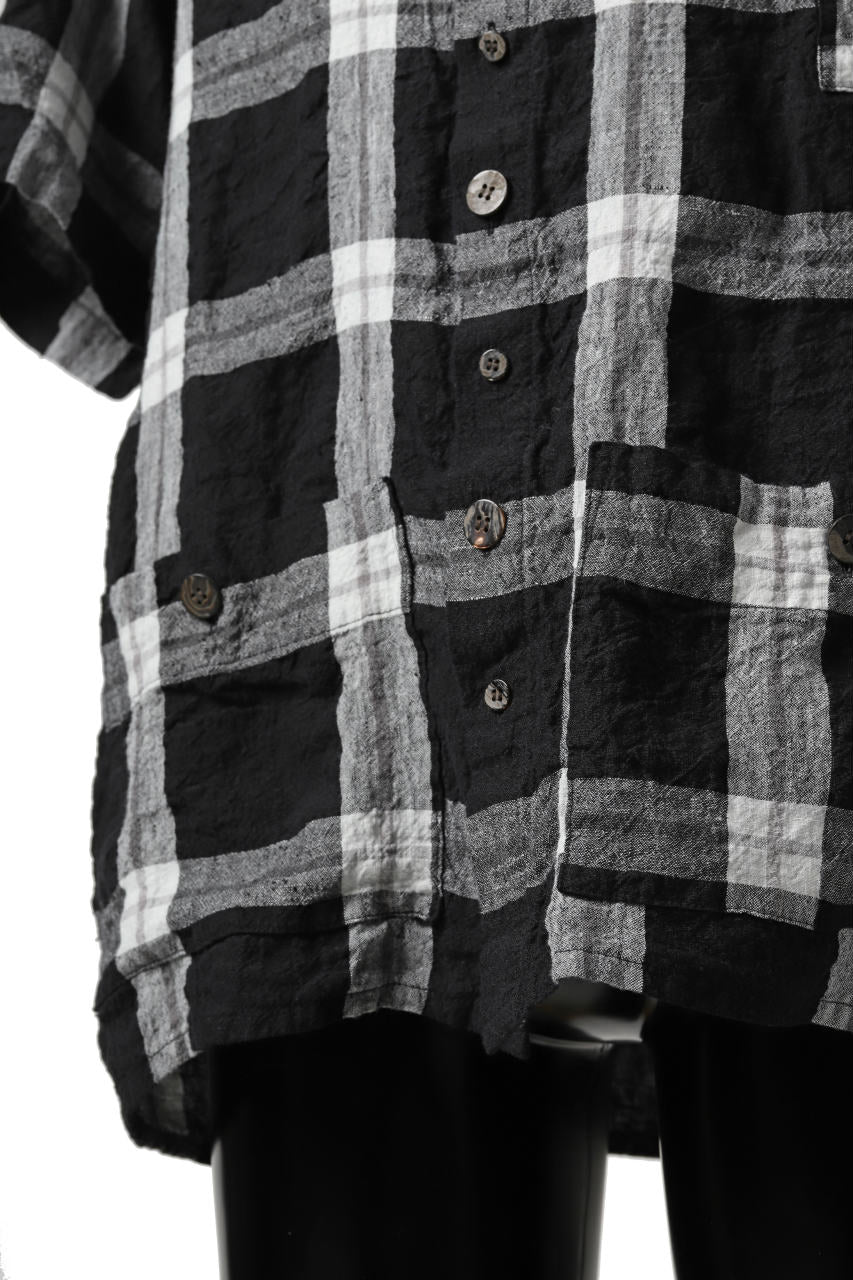 _vital pocket half sleeve shirt / linen-plaid (BLACK x WHITE)