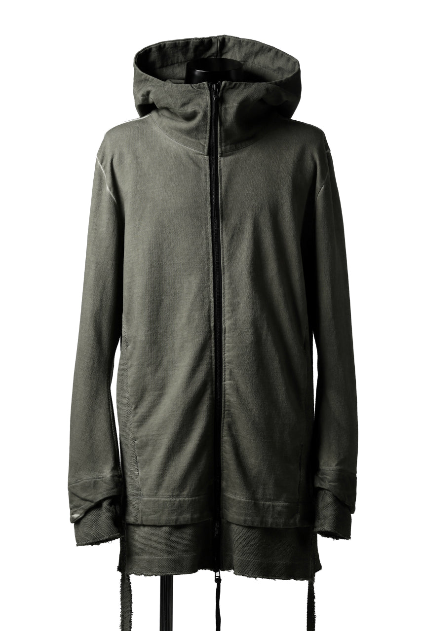 A.F ARTEFACT LAYERED LONG ZIP HOODIE JACKET / SWITCH FABRIC (COLD DYED KHAKI)