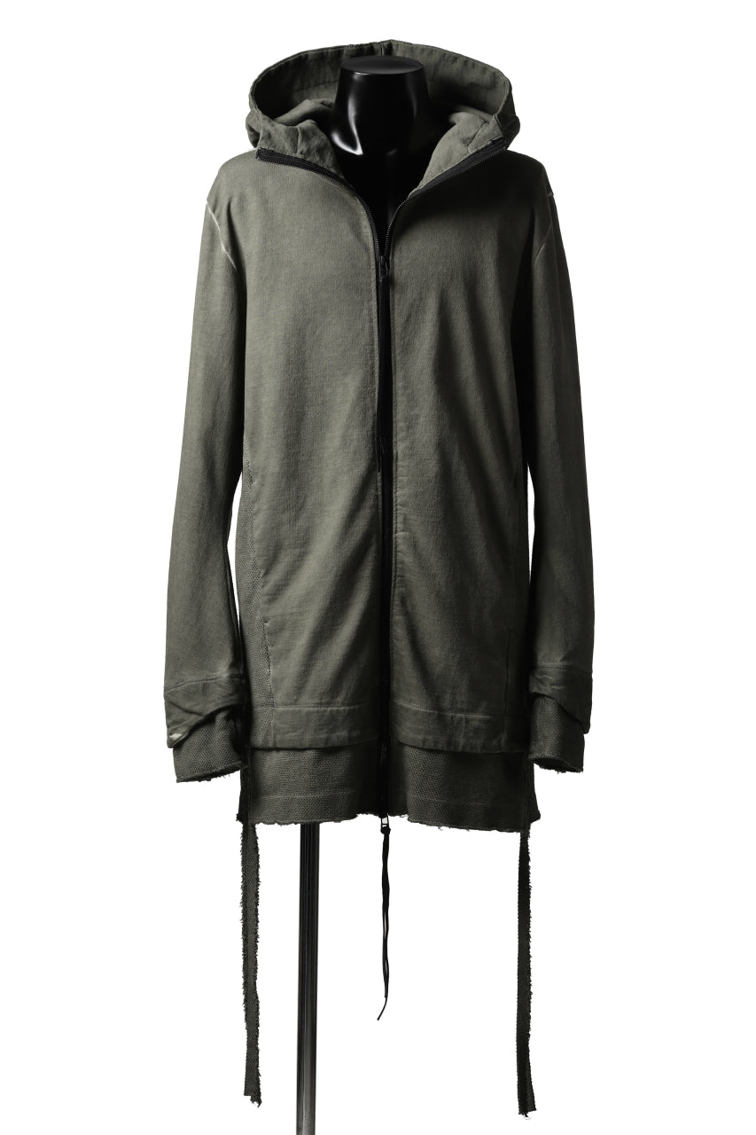 A.F ARTEFACT LAYERED LONG ZIP HOODIE JACKET / SWITCH FABRIC (COLD DYED KHAKI)