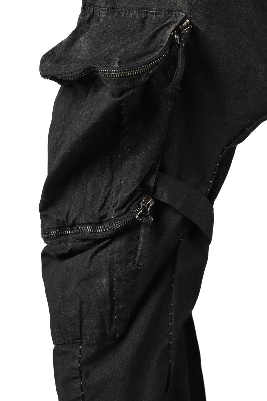 masnada DECLINE BONDAGE ZIP CARGO TROUSER / RIPSTOP ELASTICIZZATO (BLACK IMPLOSION)