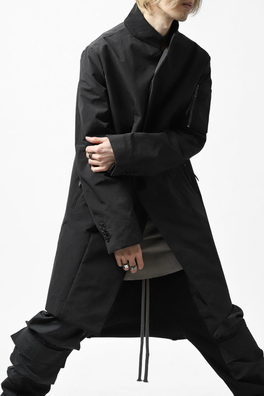 LEMURIA SEMI DOUBLE BREATHTED LONG JACKET / SALT SHRINKAGE GRUNGE CLOTH (BLACK)