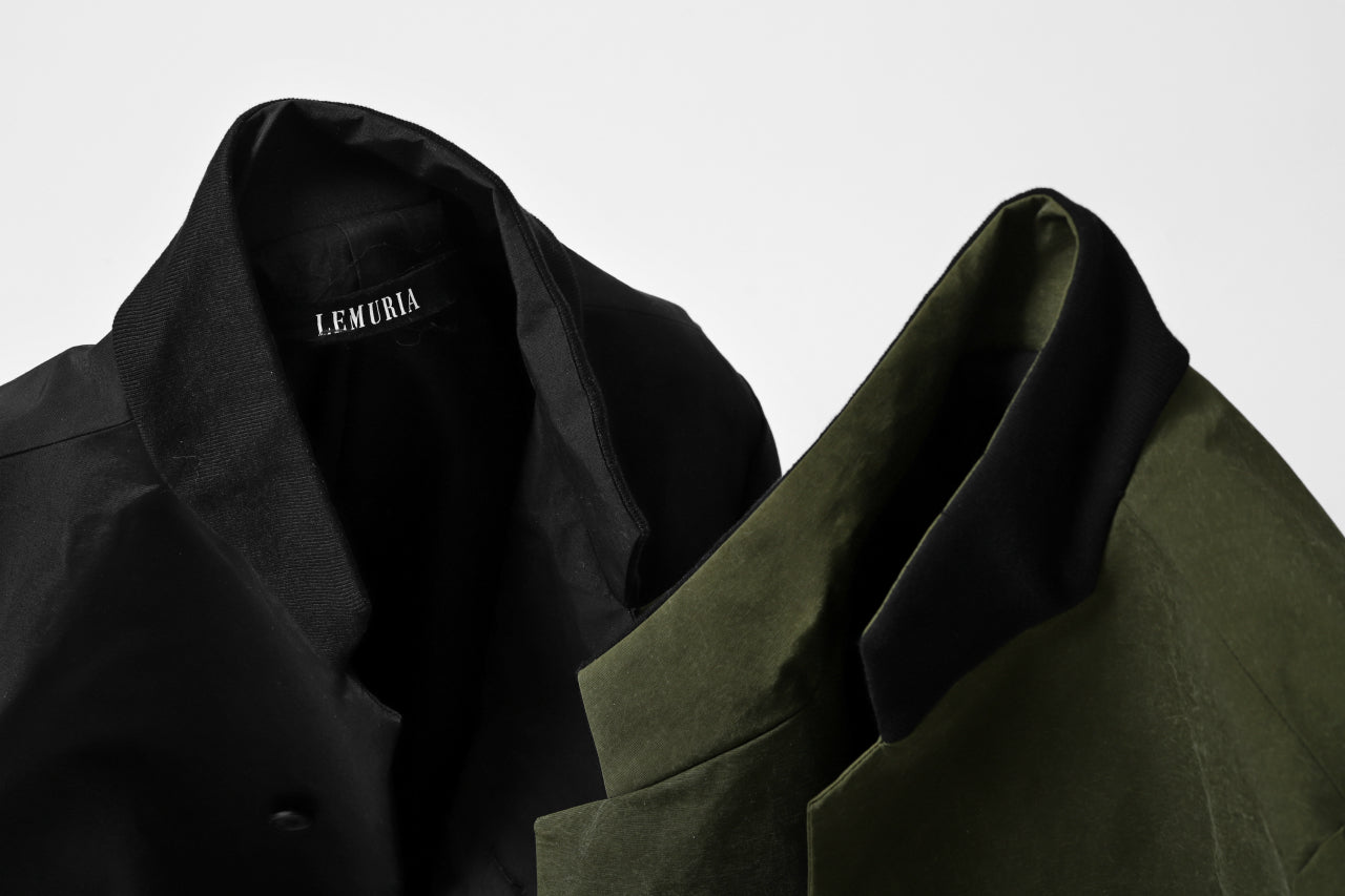 LEMURIA SEMI DOUBLE BREATHTED LONG JACKET / SALT SHRINKAGE GRUNGE CLOTH (BLACK)