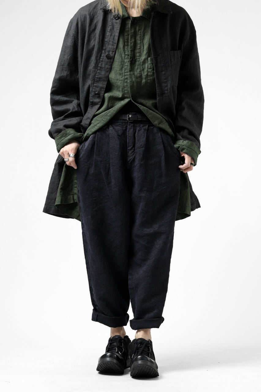 ISAMU KATAYAMA BACKLASH TAPERED TROUSERS / GARMENT NATURAL DYED LINEN CANVAS (INDIGO)