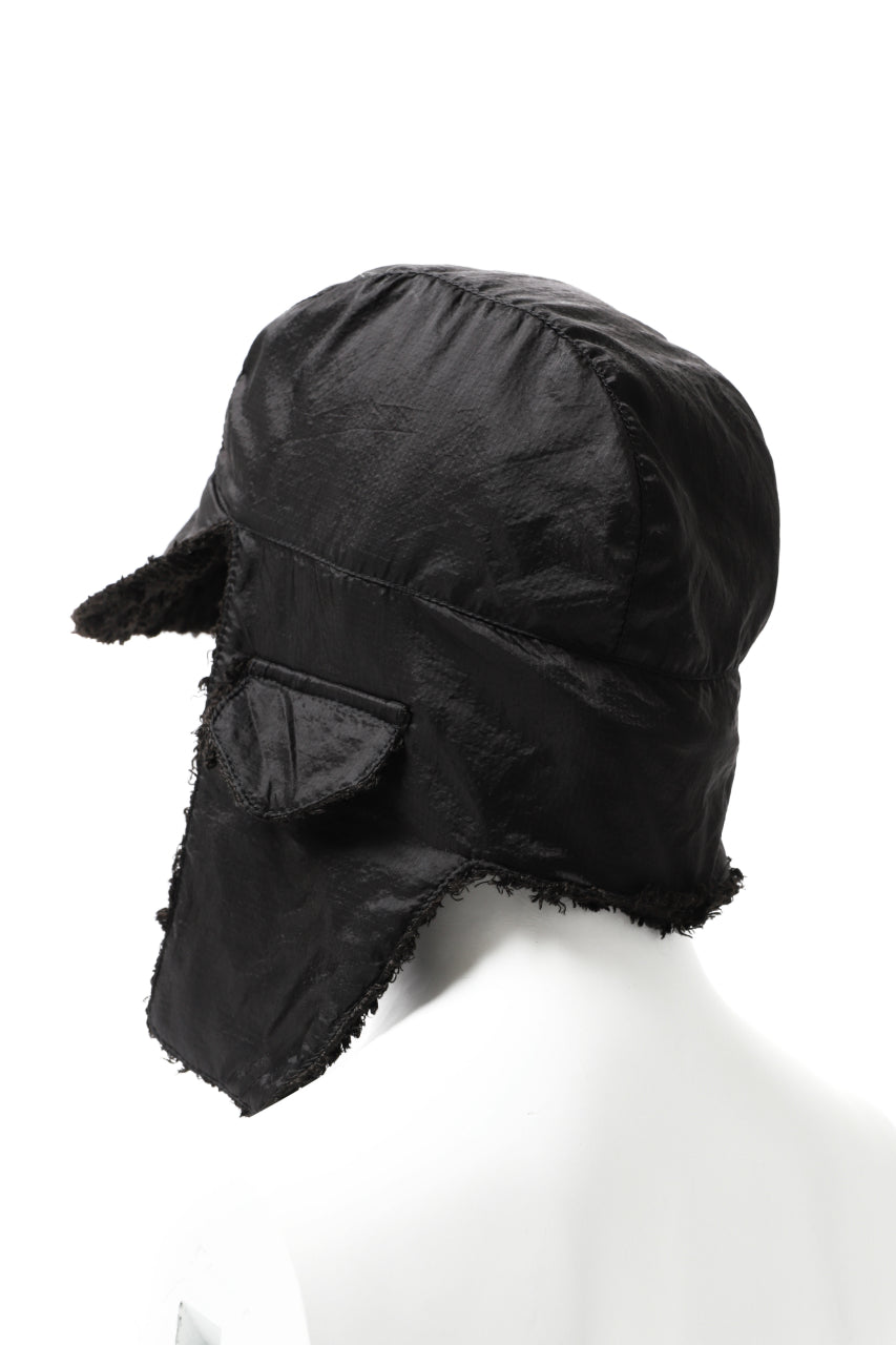 masnada REVERSIBLE TRAPPER HAT / REPURPOSED LINEN FUR AND RIPSTOP (BLACK)