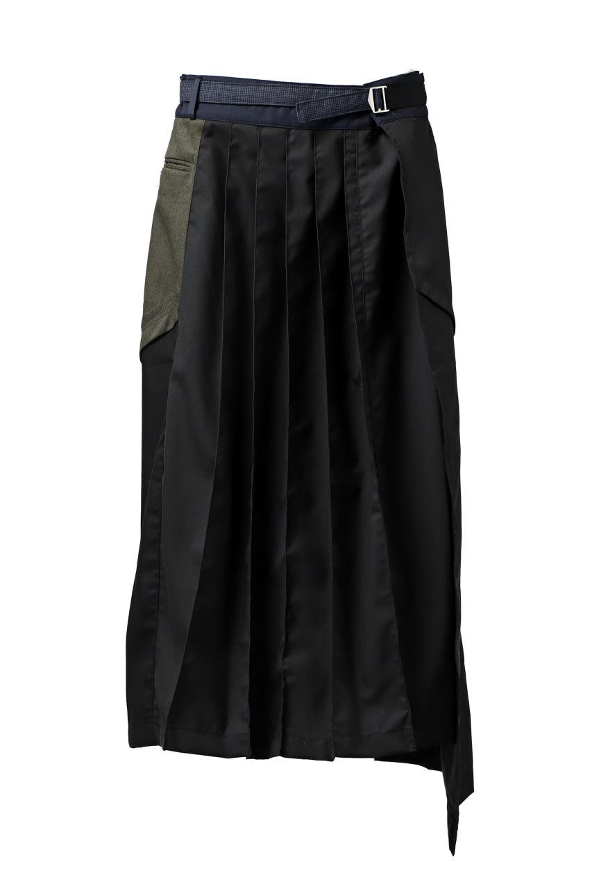 CHANGES VINTAGE REMAKE WRAP PLEATED SKIRT / ASSORT SLACKS FABRIC (MULTI BLACK )