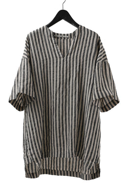 _vital exclusive collarless pullover shirt / antique striped linen (BLACK x BEIGE)