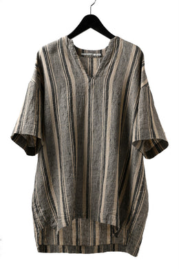 _vital exclusive collarless pullover shirt / antique random striped linen (BEIGE x BLACK)