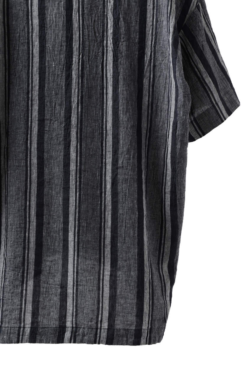 _vital exclusive collarless pullover shirt / vintage random striped linen (NAVY x WHITE)