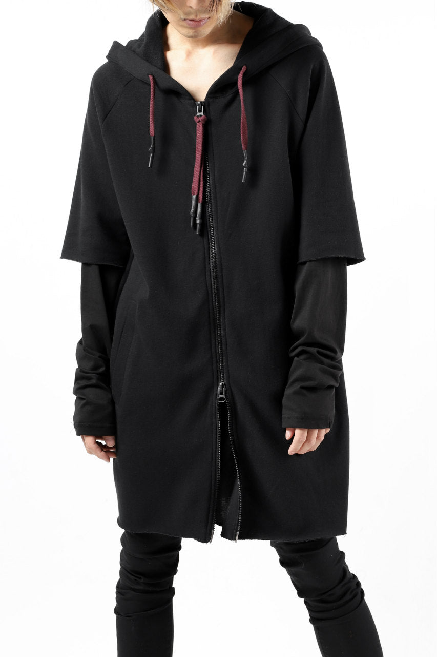 FIRST AID TO THE INJURED HOODY LAYERED SLEEVE ZIP PARKA / FRENCH TERRY + JERSEY (BLACK)