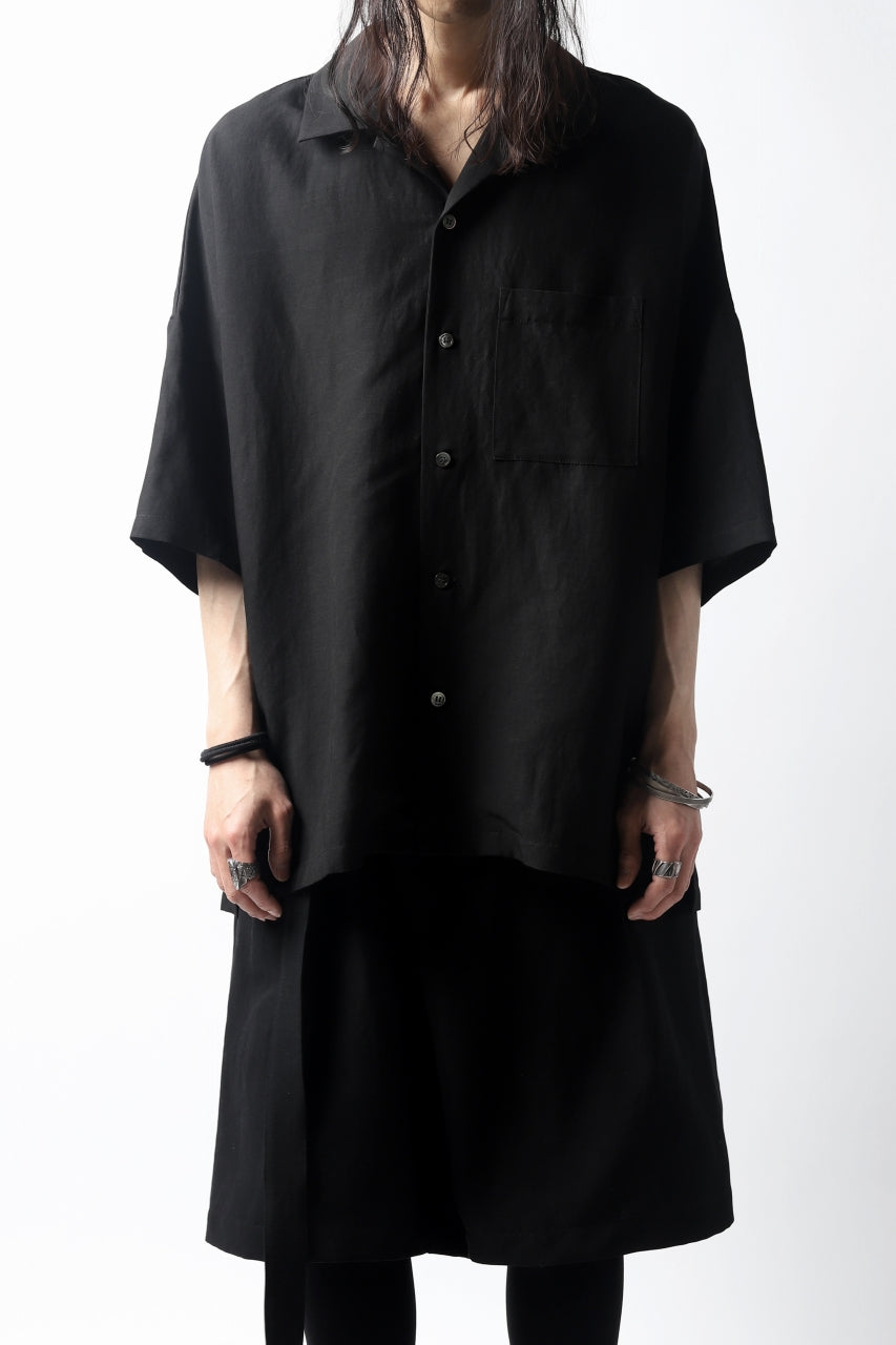 KAZUYUKI KUMAGAI Drop Shoulder Open Collar SS Shirt / Rayon Linen Tumbler (BLACK)