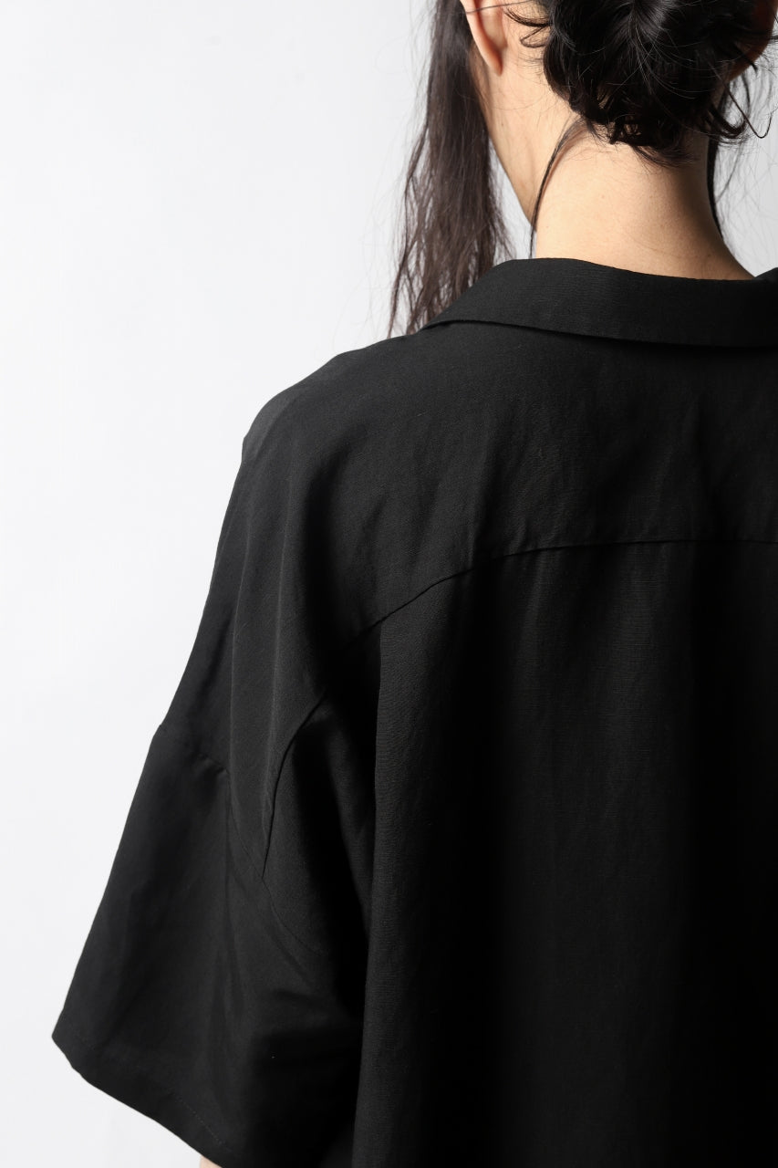 KAZUYUKI KUMAGAI Drop Shoulder Open Collar SS Shirt / Rayon Linen Tumbler (BLACK)