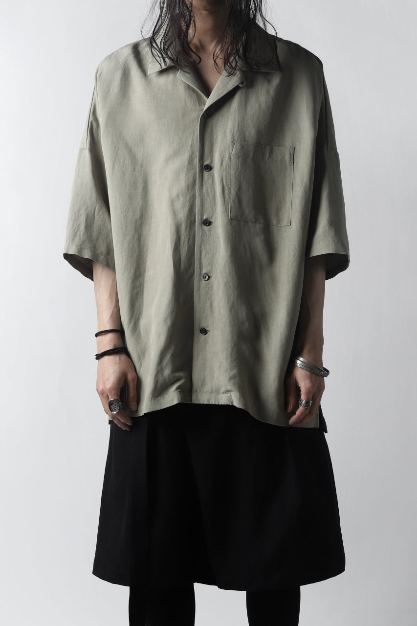 KAZUYUKI KUMAGAI Drop Shoulder Open Collar SS Shirt / Rayon Linen Tumbler (LIGHT KHAKI)