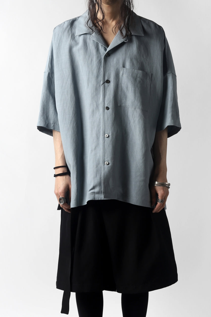 KAZUYUKI KUMAGAI Drop Shoulder Open Collar SS Shirt / Rayon Linen Tumbler  (LIGHT BLUE)