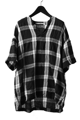 _vital collarless pullover shirt / linen-Plaid (BLACK x WHITE)