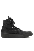 Load image into Gallery viewer, incarnation HIGH CUT BB-1 SNEAKER / HORSE COMBI LEATHER PIECE DYED (BLACK x BLACK REVERSE)