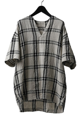 _vital exclusive collarless pullover shirt / linen-Plaid (BLACK x BEIGE)