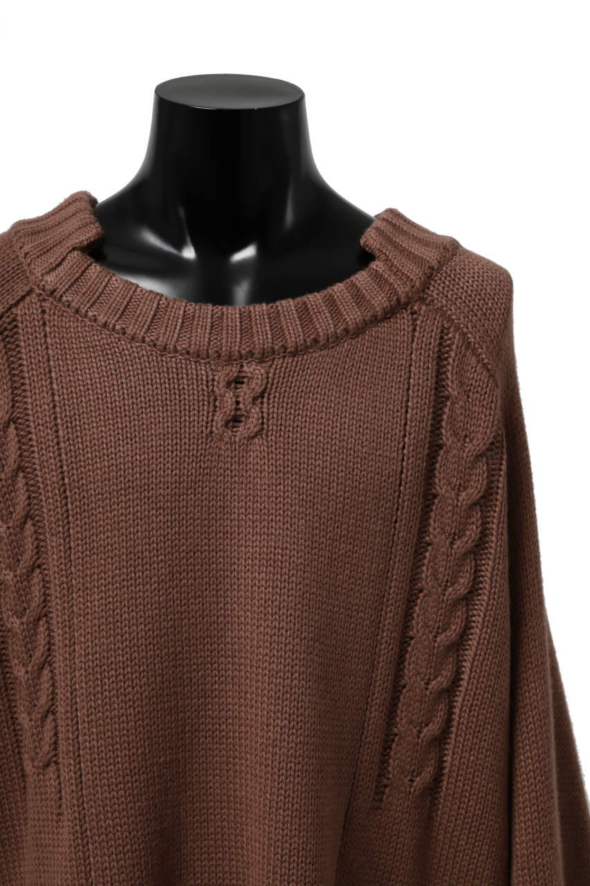 A.F ARTEFACT LOWGAUGE CABLE KNIT PULLOVER IRREGULAR-HEM (BROWN)