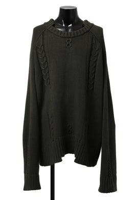 A.F ARTEFACT LOWGAUGE CABLE KNIT PULLOVER IRREGULAR-HEM (KHAKI)