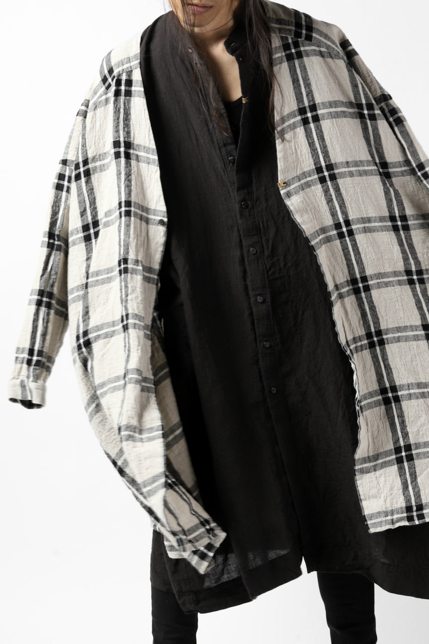 画像をギャラリービューアに読み込む, _vital collarless shirt-cardigan / linen-Plaid (BLACK x BEIGE)