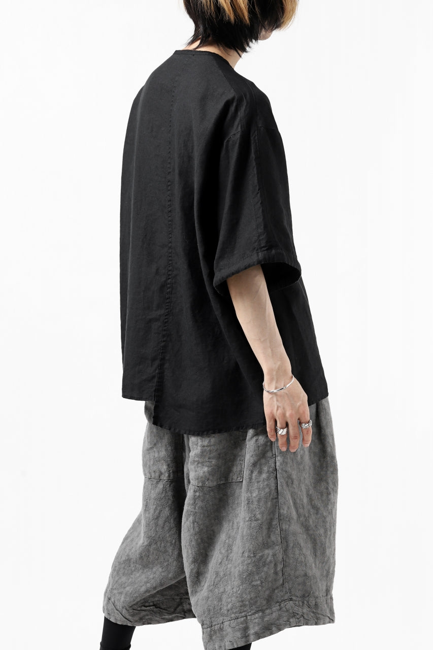 KAZUYUKI KUMAGAI No Collar Shirt / High Density Herdmans x Broad Stretch *Garment Dyed (BLACK)