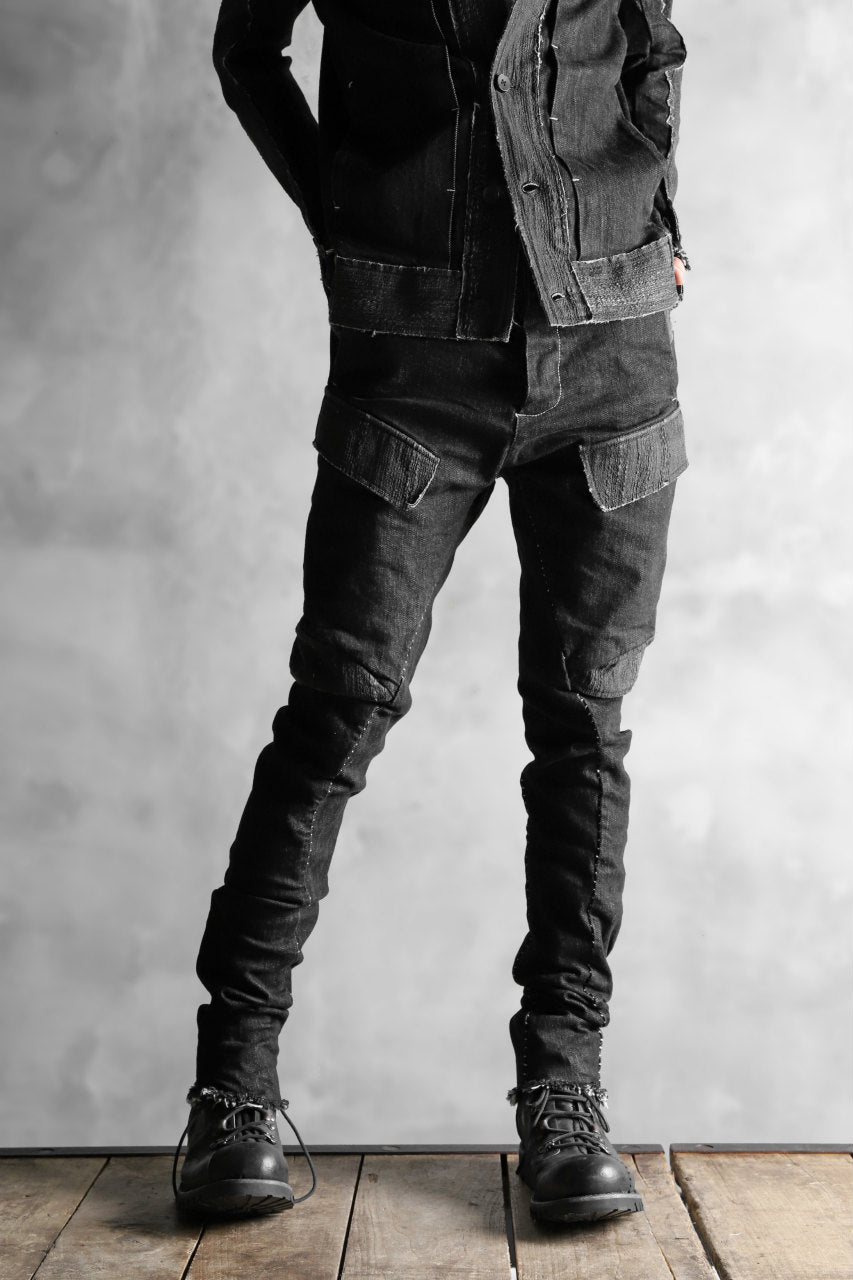 masnada  SCAR STITCHED CARGO POCKET JODHPURS PANT / CONTRAST DENIM (BLACK)