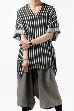 Load image into Gallery viewer, _vital exclusive collarless pullover shirt / vintage striped linen (BLACK x WHITE)