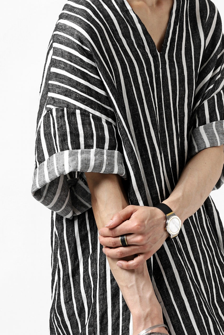 _vital exclusive collarless pullover shirt / vintage striped linen (BLACK x WHITE)