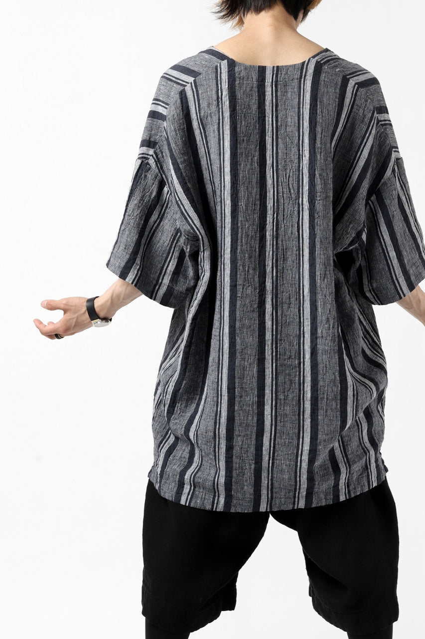 _vital exclusive collarless pullover shirt / vintage random striped linen (NAVY x WHITE)