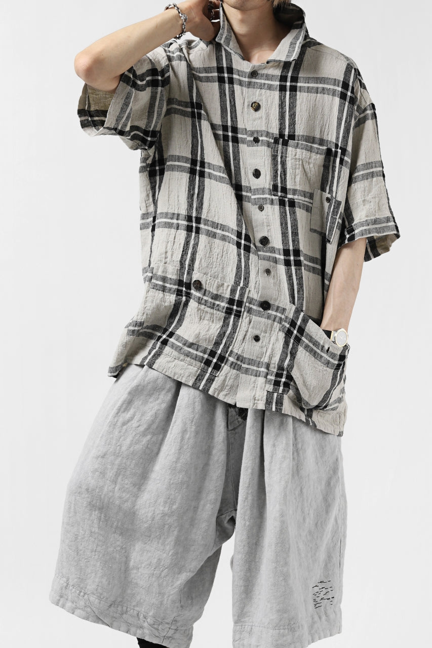 _vital short sleeve coverall shirt / linen-plaid (BLACK x BEIGE)