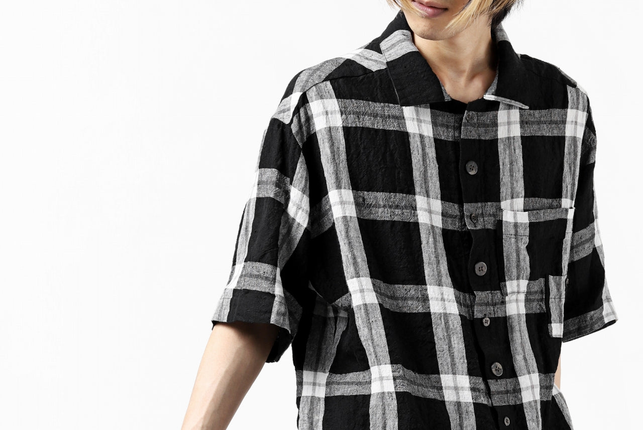 _vital short sleeve coverall shirt / linen-plaid (BLACK x WHITE)