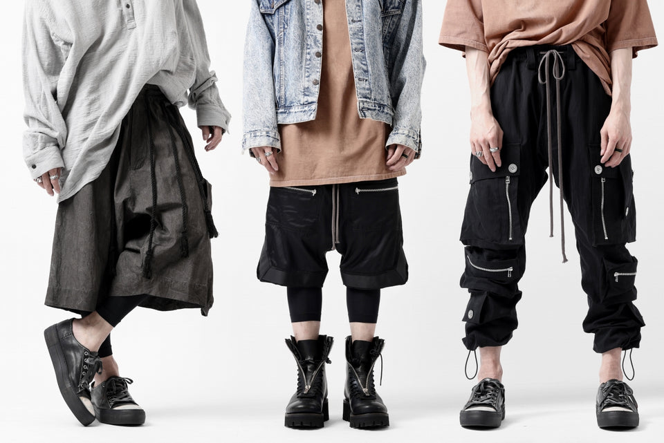 _vital drop crotch shorts with hanging pocket / (DEEP SUMI DYED