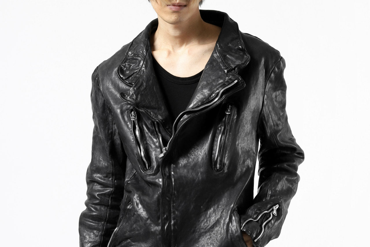 ISAMU KATAYAMA BACKLASH xx incarnation DOUBLE BREASTED ZIPPER BLOUSON / JAPAN CALF LEATHER (OBJECT DYED BLACK)