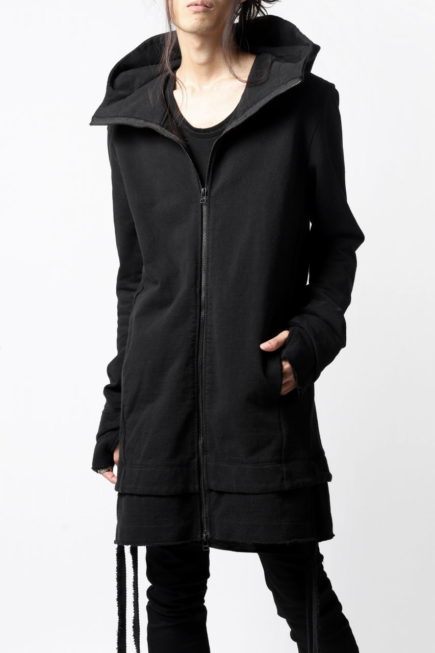 A.F ARTEFACT LAYERED LONG ZIP HOODIE JACKET / SWITCH FABRIC (REACTIVE DYED BLACK)