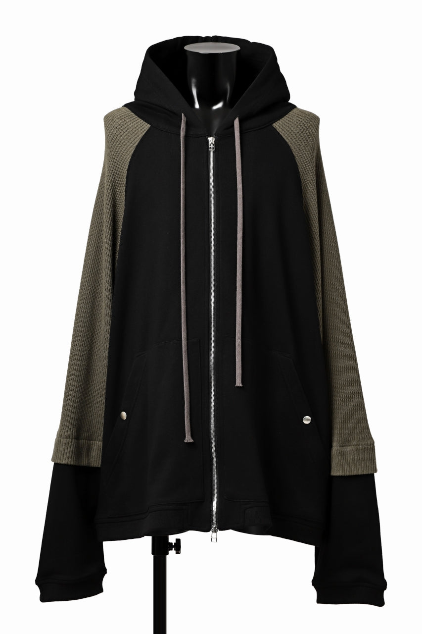 A.F ARTEFACT KNIT-COMBINATION ZIPPER HOODIE (BLACK x KHAKI)