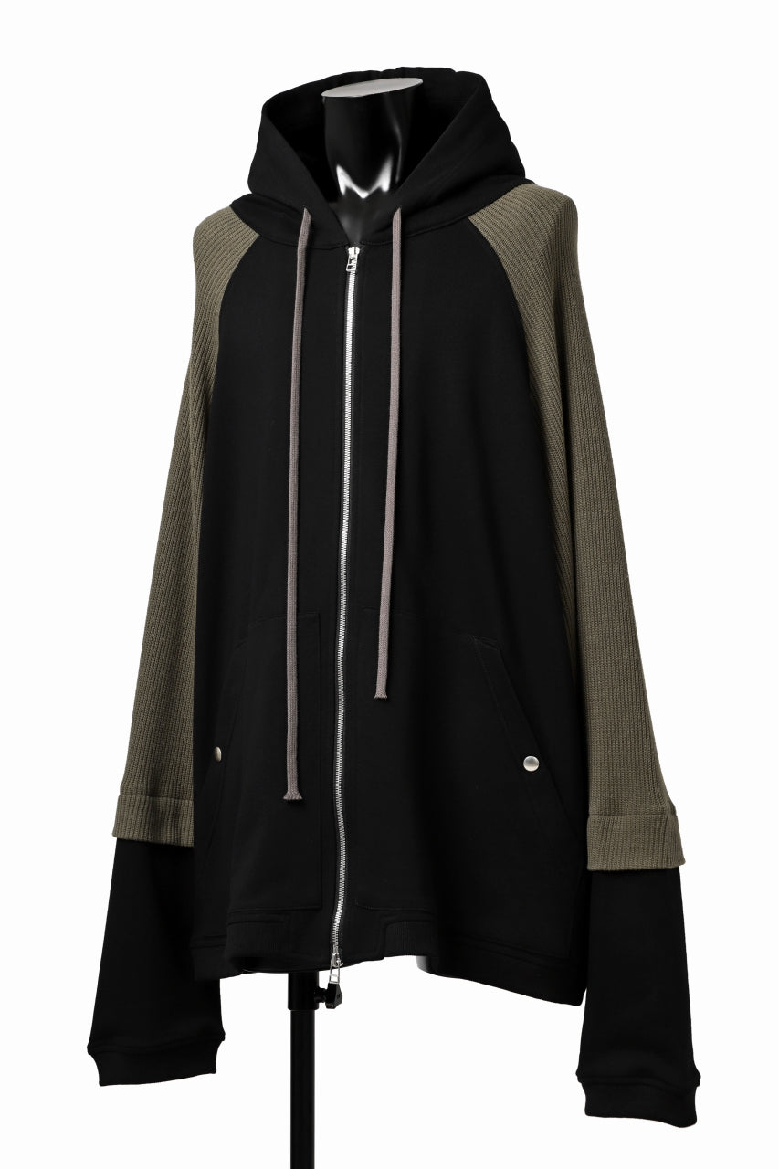 A.F ARTEFACT KNIT-COMBINATION ZIPPER HOODIE (BLACK x KHAKI)