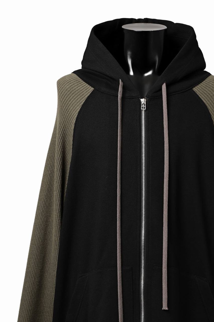 A.F ARTEFACT KNIT-COMBINATION ZIPPER HOODIE (BLACK x KHAKI)