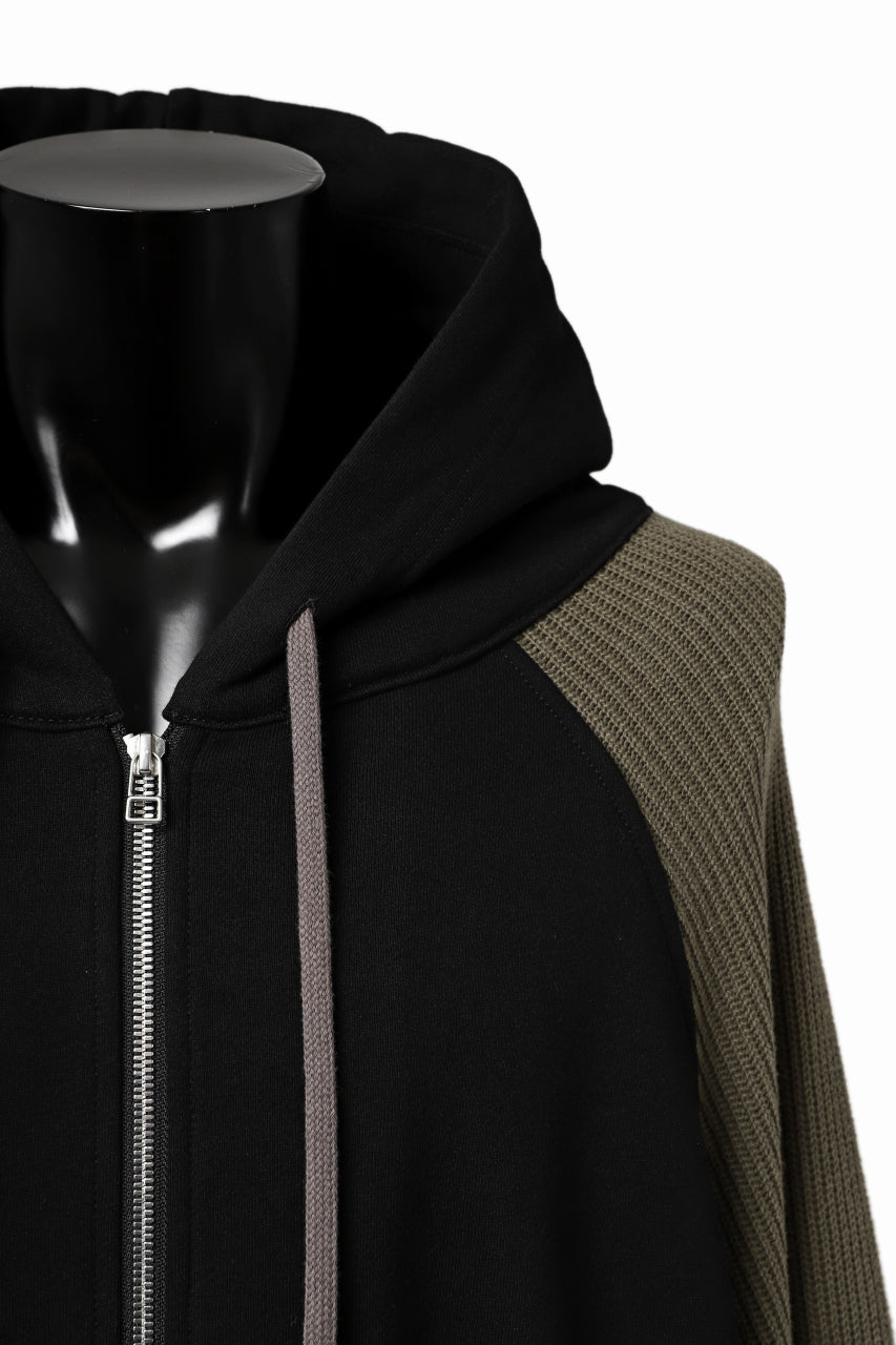 A.F ARTEFACT KNIT-COMBINATION ZIPPER HOODIE (BLACK x KHAKI)