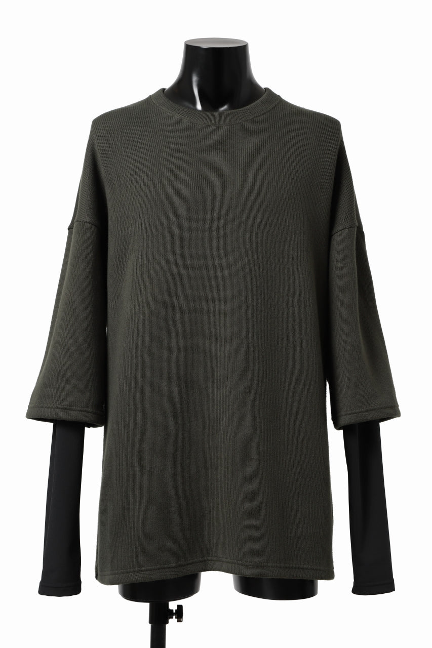 A.F ARTEFACT LAYERED LONG TOPS / COTTON KNIT+HEAT PERFORMER (KHAKI x BLACK)