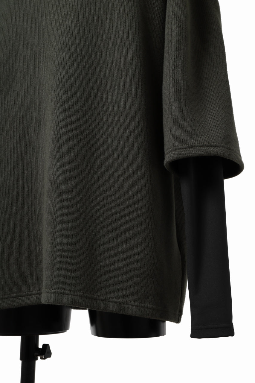 A.F ARTEFACT LAYERED LONG TOPS / COTTON KNIT+HEAT PERFORMER (KHAKI x BLACK)